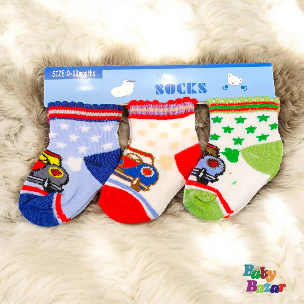 3-in-1 Soft Cotton Baby Socks (0-12 Months) Colorful Car Design Imported