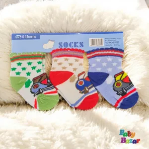 3-in-1 Soft Cotton Baby Socks (0-12 Months) Colorful Car Design Imported