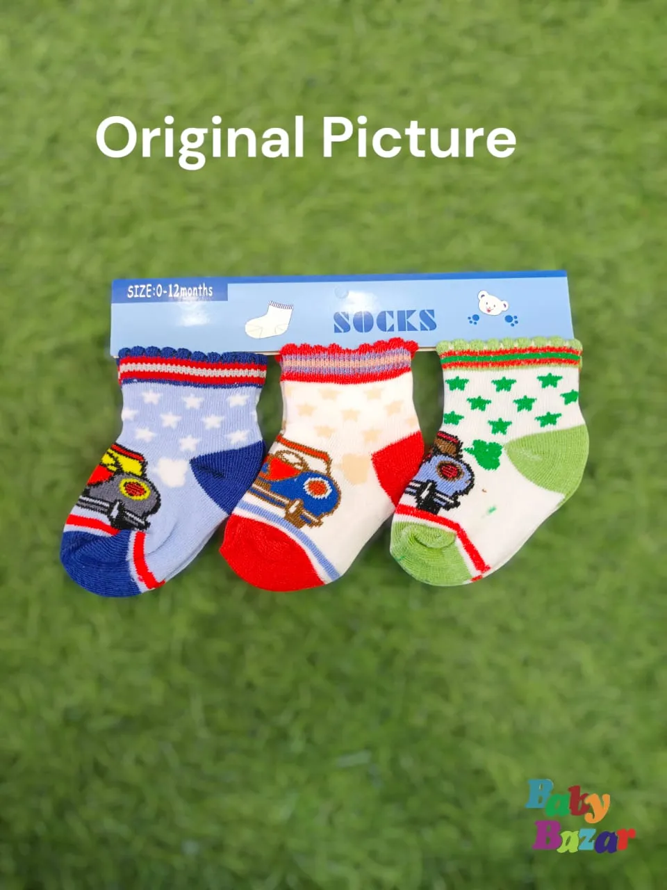 3-in-1 Soft Cotton Baby Socks (0-12 Months) Colorful Car Design Imported