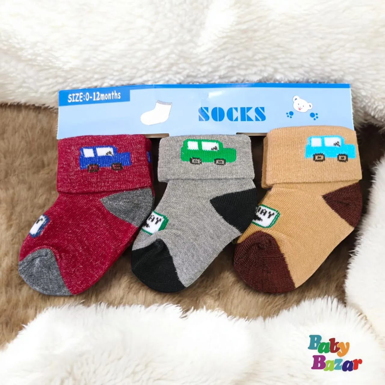 3 Pairs Cozy Cotton Baby Socks (0-12 Months) Car Design & Folded Cuff