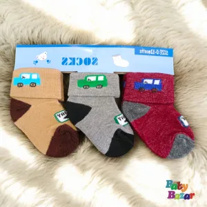 3 Pairs Cozy Cotton Baby Socks (0-12 Months) Car Design & Folded Cuff