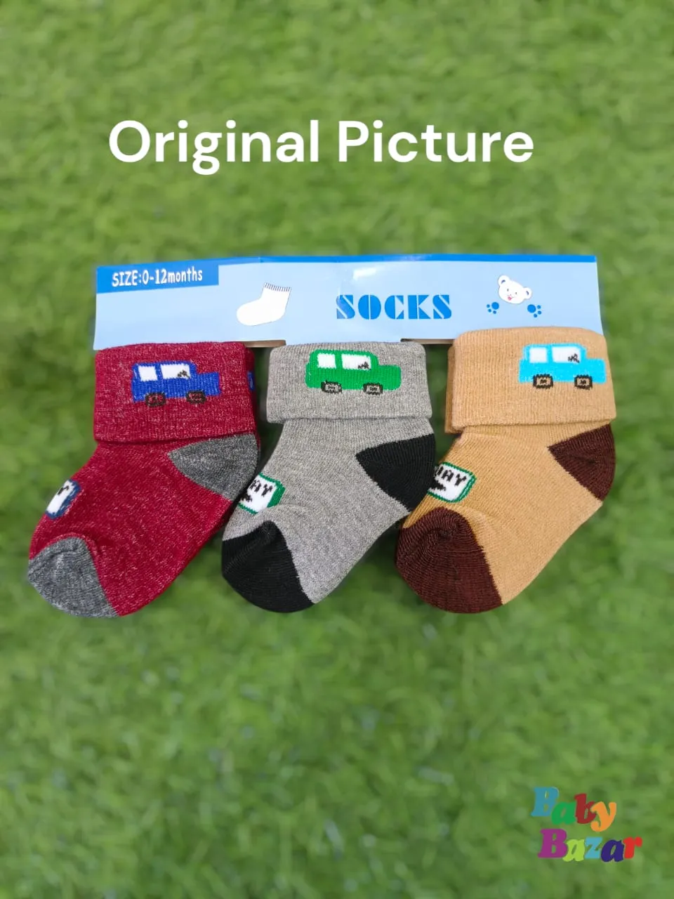 3 Pairs Cozy Cotton Baby Socks (0-12 Months) Car Design & Folded Cuff