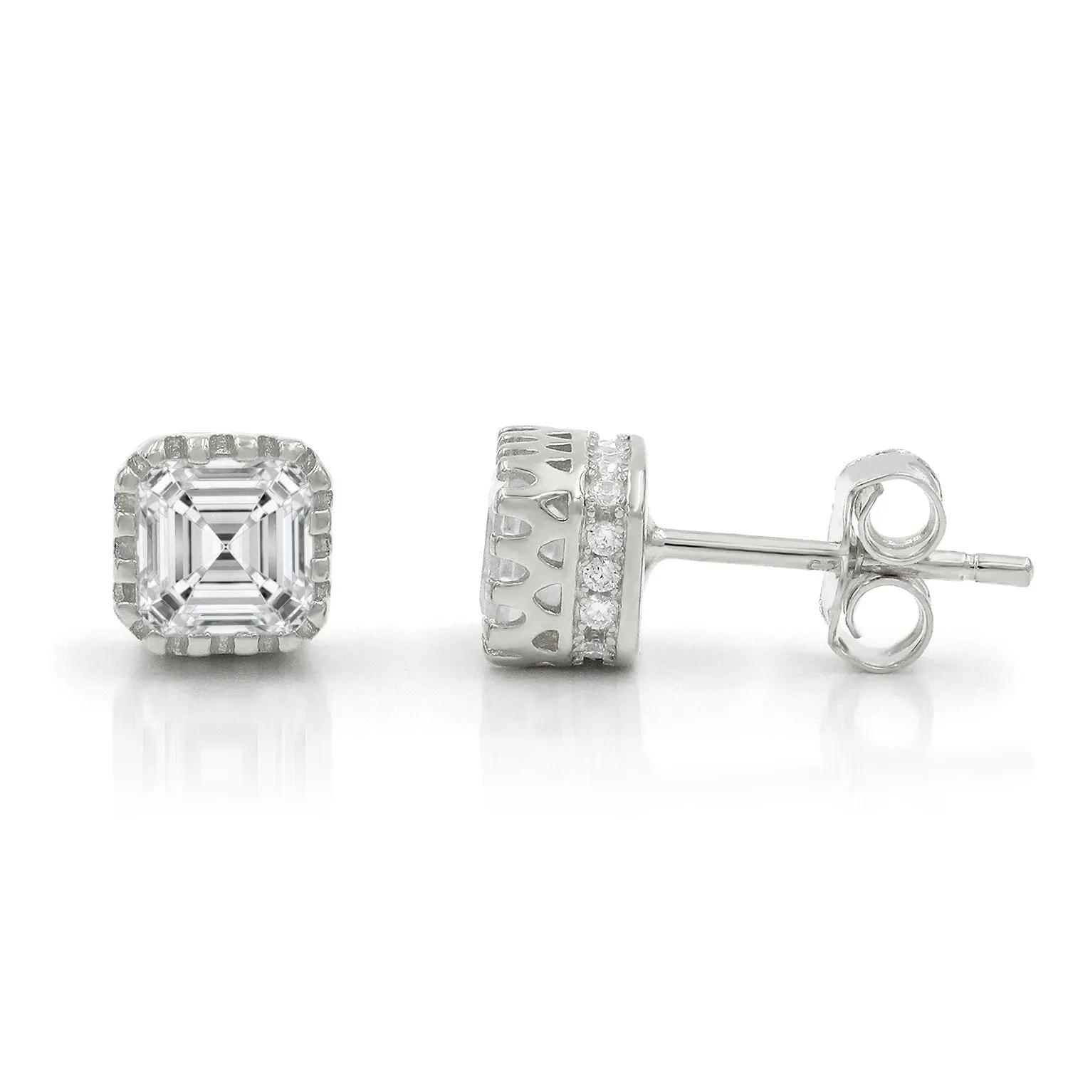 925 Sterling Silver Gold Plated Asscher Cut Crowned Stud Earring