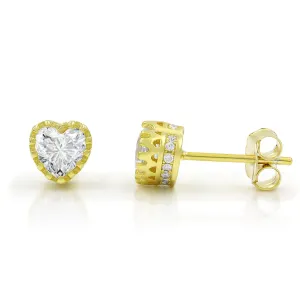 925 Sterling Silver Gold Plated Heart Crowned Stud Earring