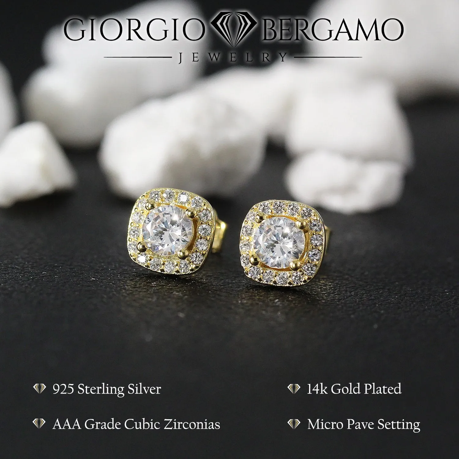 925 Sterling Silver Gold Plated Micro Pave Cushion Halo Stud Earring