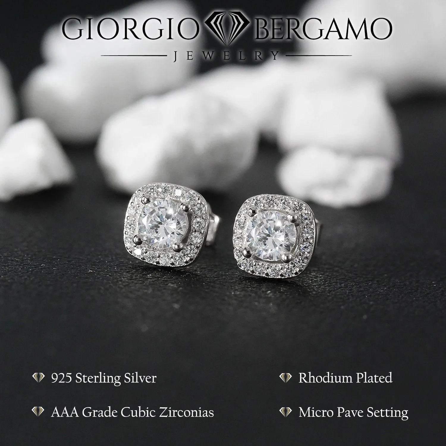 925 Sterling Silver Gold Plated Micro Pave Cushion Halo Stud Earring