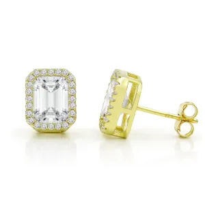 925 Sterling Silver Gold Plated Micro Pave Emerald Halo Stud Earring