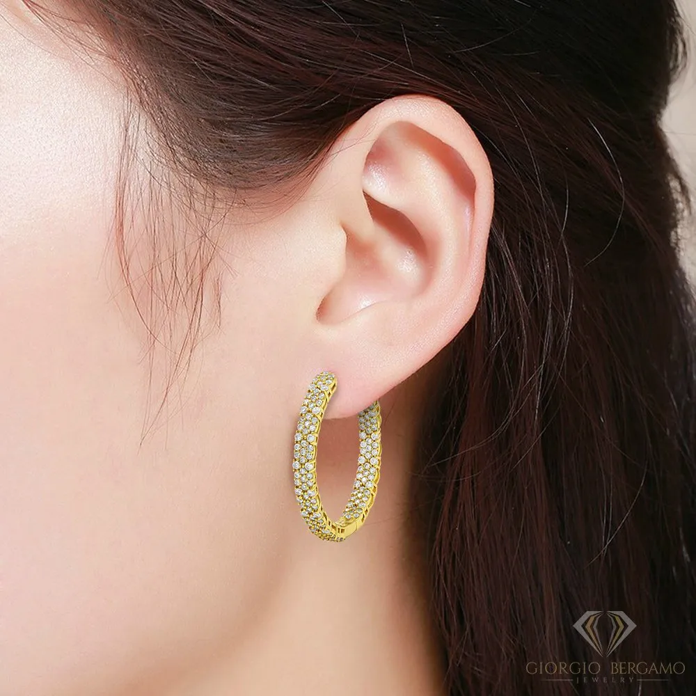 925 Sterling Silver Gold Plated Micro Pave Inside Out Cluster Hoop Earring