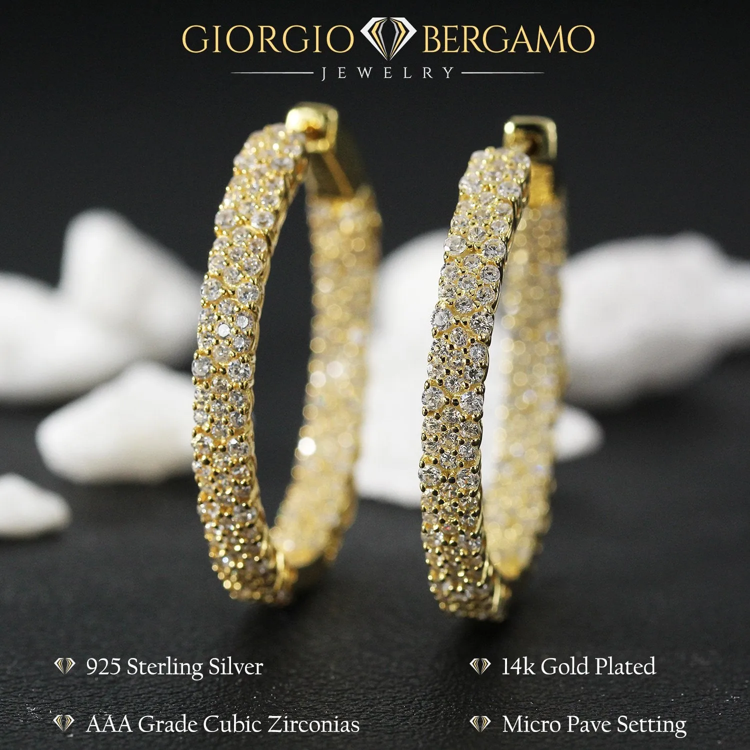 925 Sterling Silver Gold Plated Micro Pave Inside Out Cluster Hoop Earring