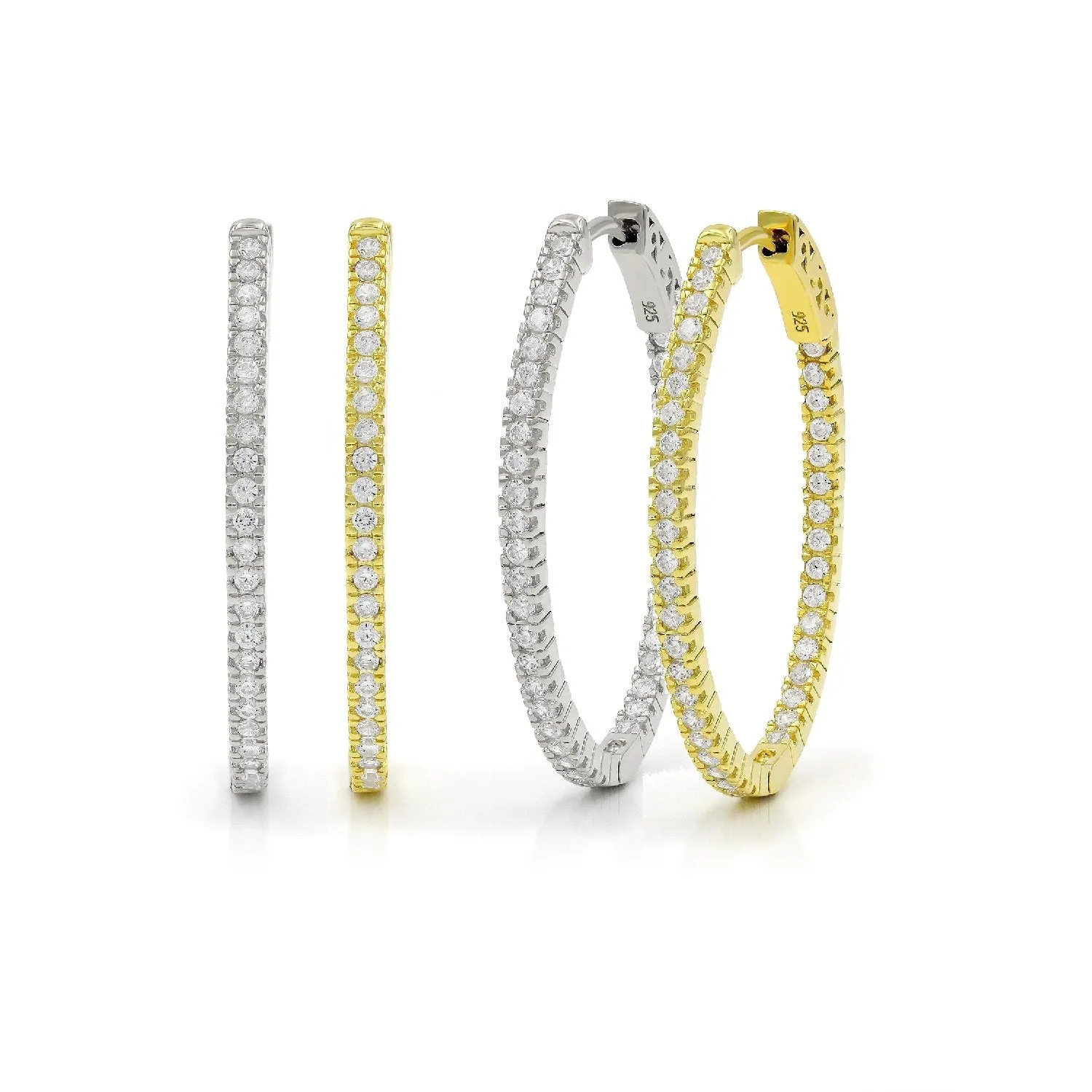 925 Sterling Silver Gold Plated Micro Pave Inside Out Oval Hoop Earring