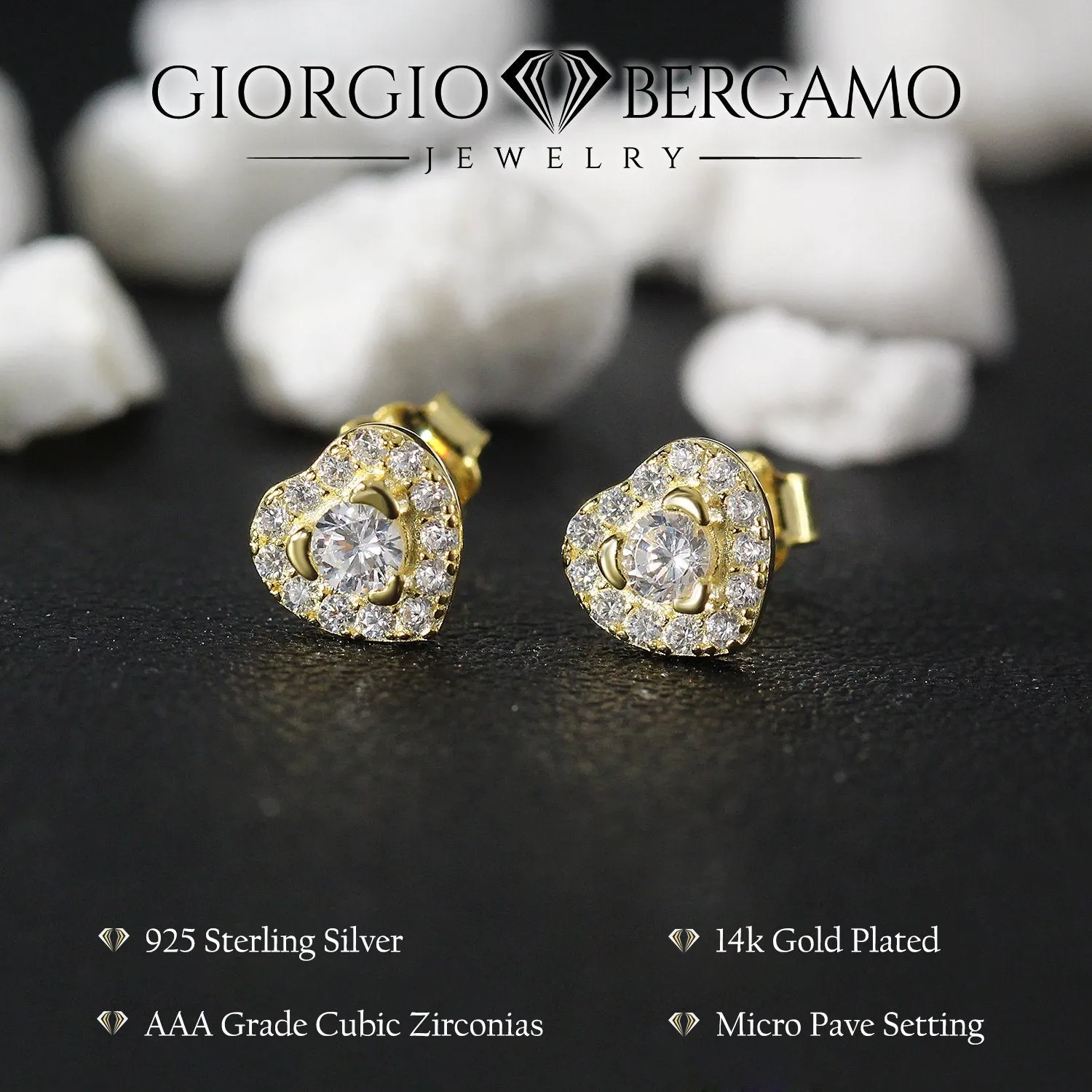 925 Sterling Silver Gold Plated Micro Pave Minimalist Heart Halo Stud Earring