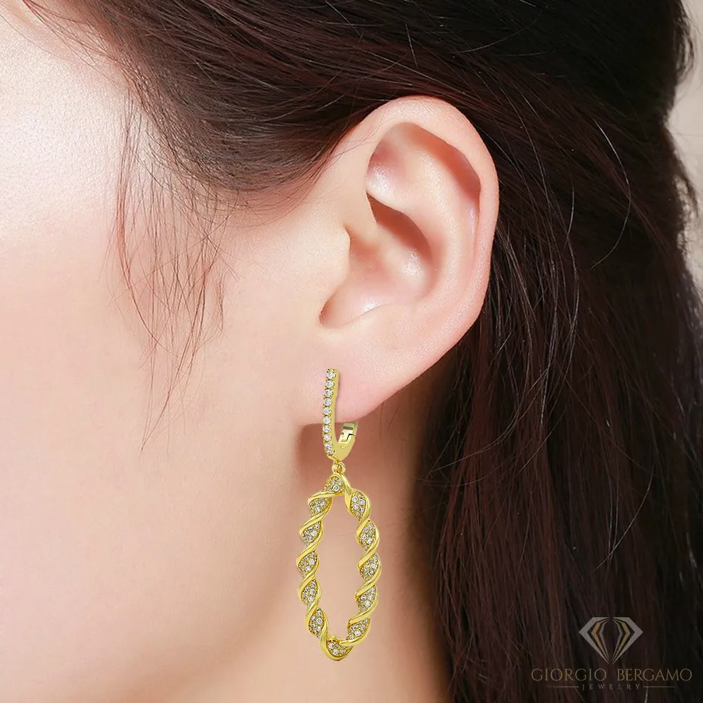 925 Sterling Silver Gold Plated Micro Pave Twisted Oval Drop Earring