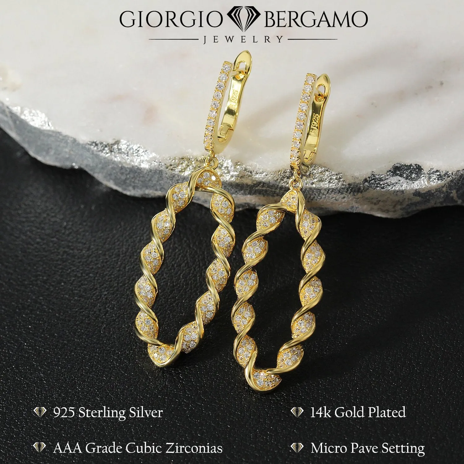 925 Sterling Silver Gold Plated Micro Pave Twisted Oval Drop Earring