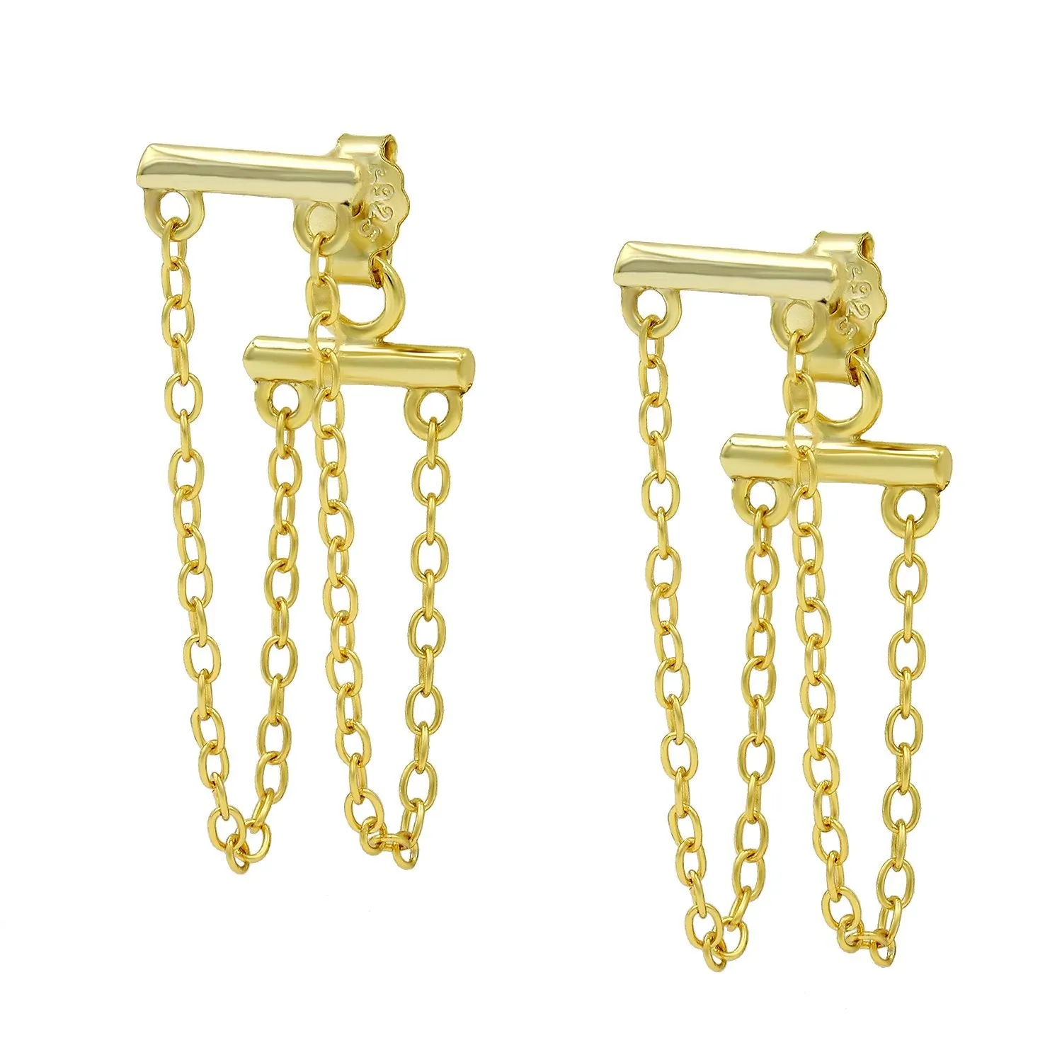 925 Sterling Silver Gold Plated Minimalist Bar Link Drop Earrings