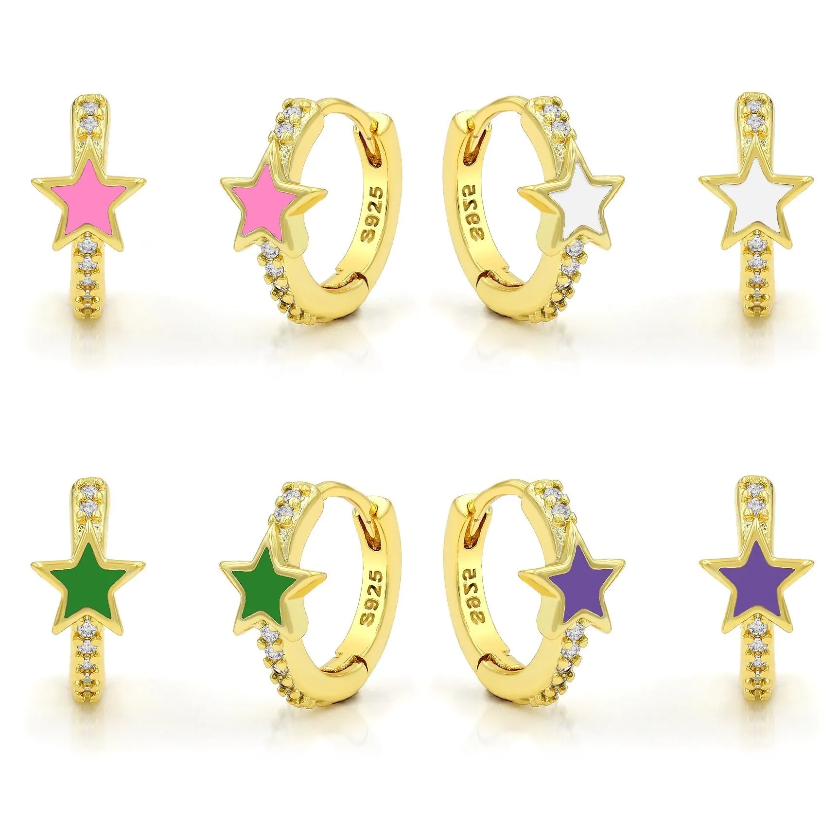 925 Sterling Silver Gold Plated Star Enamel Huggie Hoop Earrings