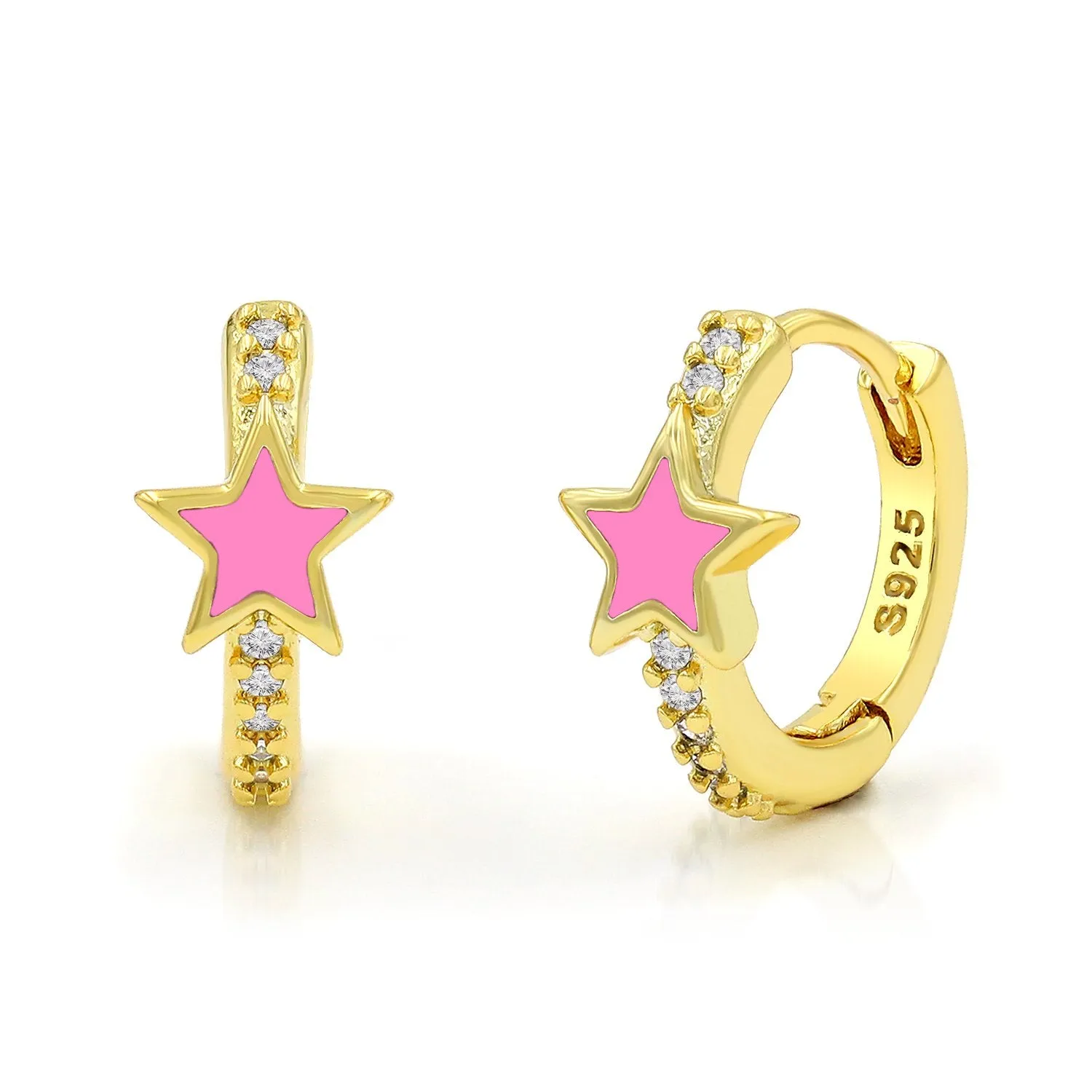 925 Sterling Silver Gold Plated Star Enamel Huggie Hoop Earrings