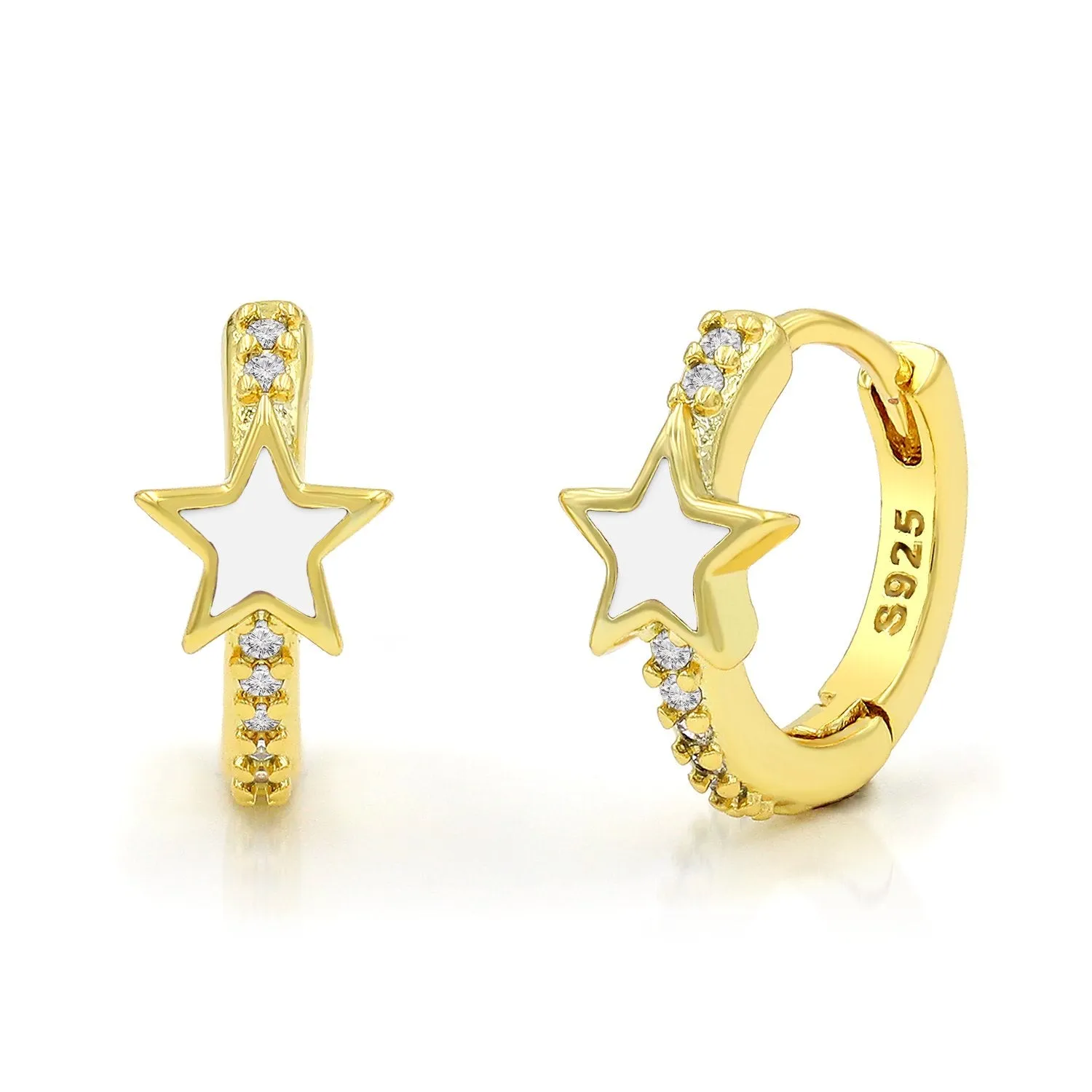 925 Sterling Silver Gold Plated Star Enamel Huggie Hoop Earrings
