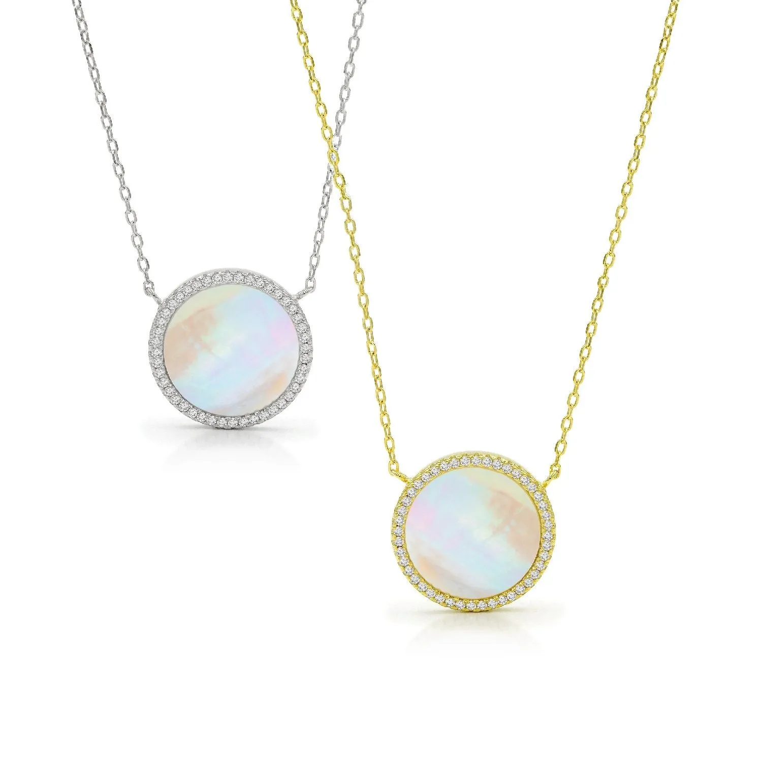 925 Sterling Silver Micro Pave Mother Of Pearl Disc Necklace