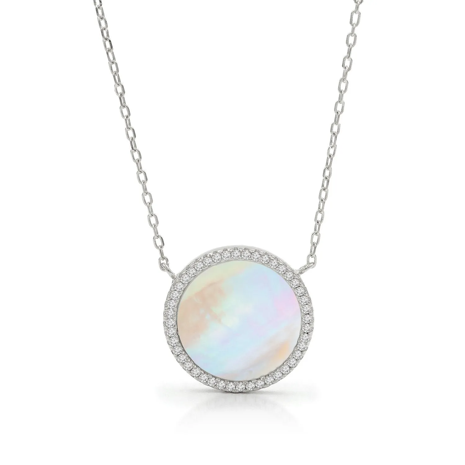 925 Sterling Silver Micro Pave Mother Of Pearl Disc Necklace