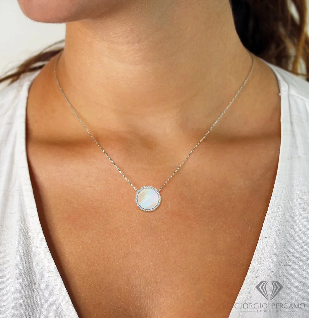 925 Sterling Silver Micro Pave Mother Of Pearl Disc Necklace