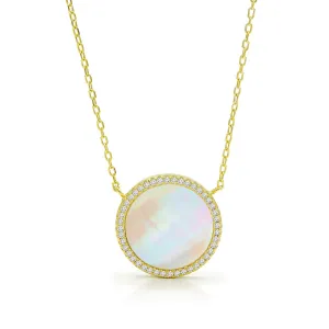 925 Sterling Silver Micro Pave Mother Of Pearl Disc Necklace