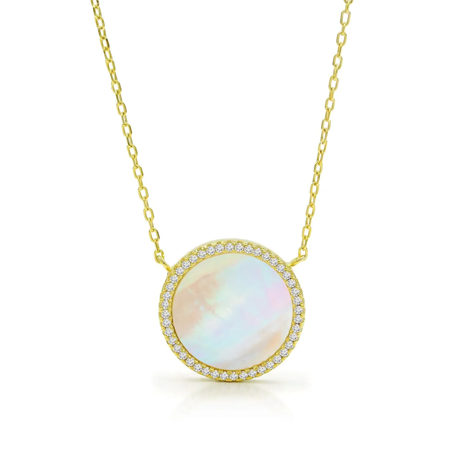 925 Sterling Silver Micro Pave Mother Of Pearl Disc Necklace
