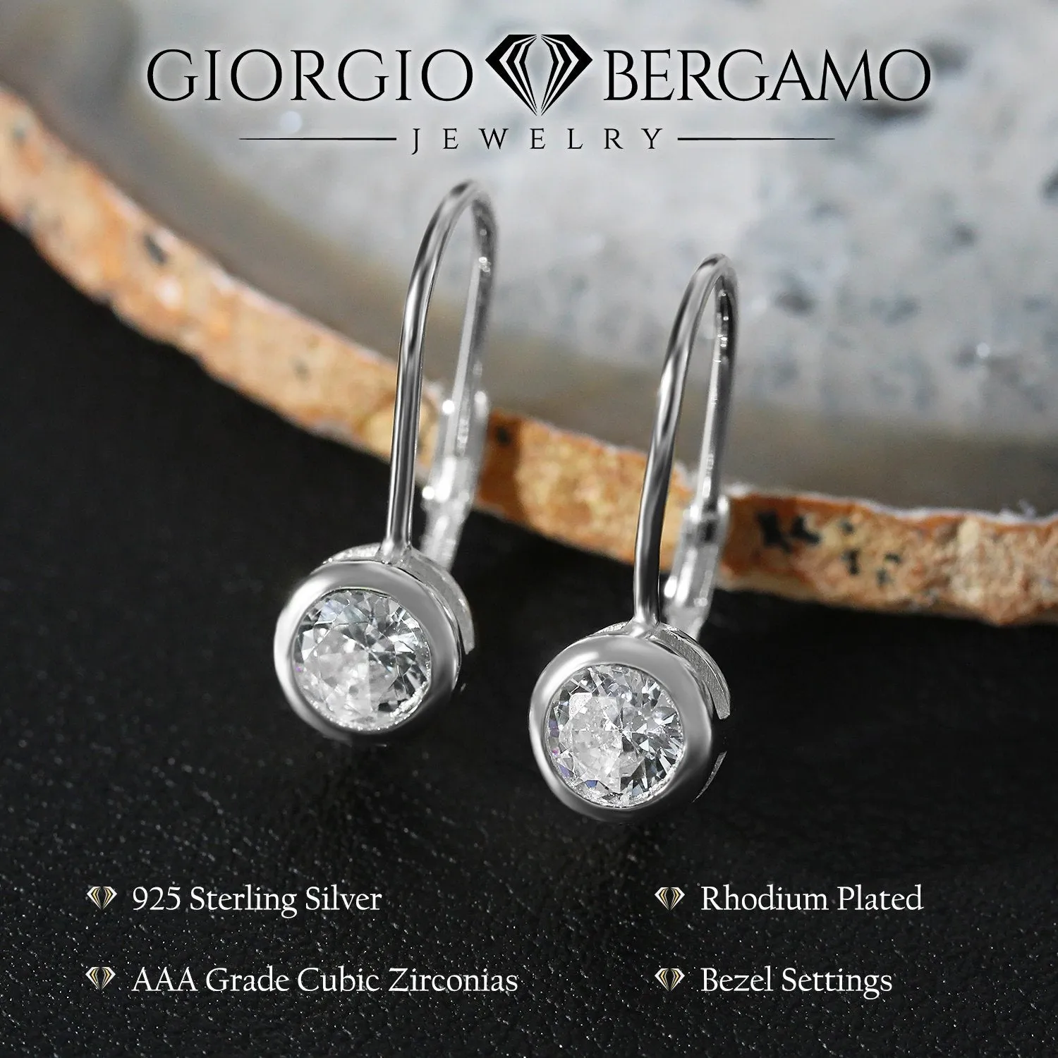 925 Sterling Silver Round Bezel Set Leverback Earring