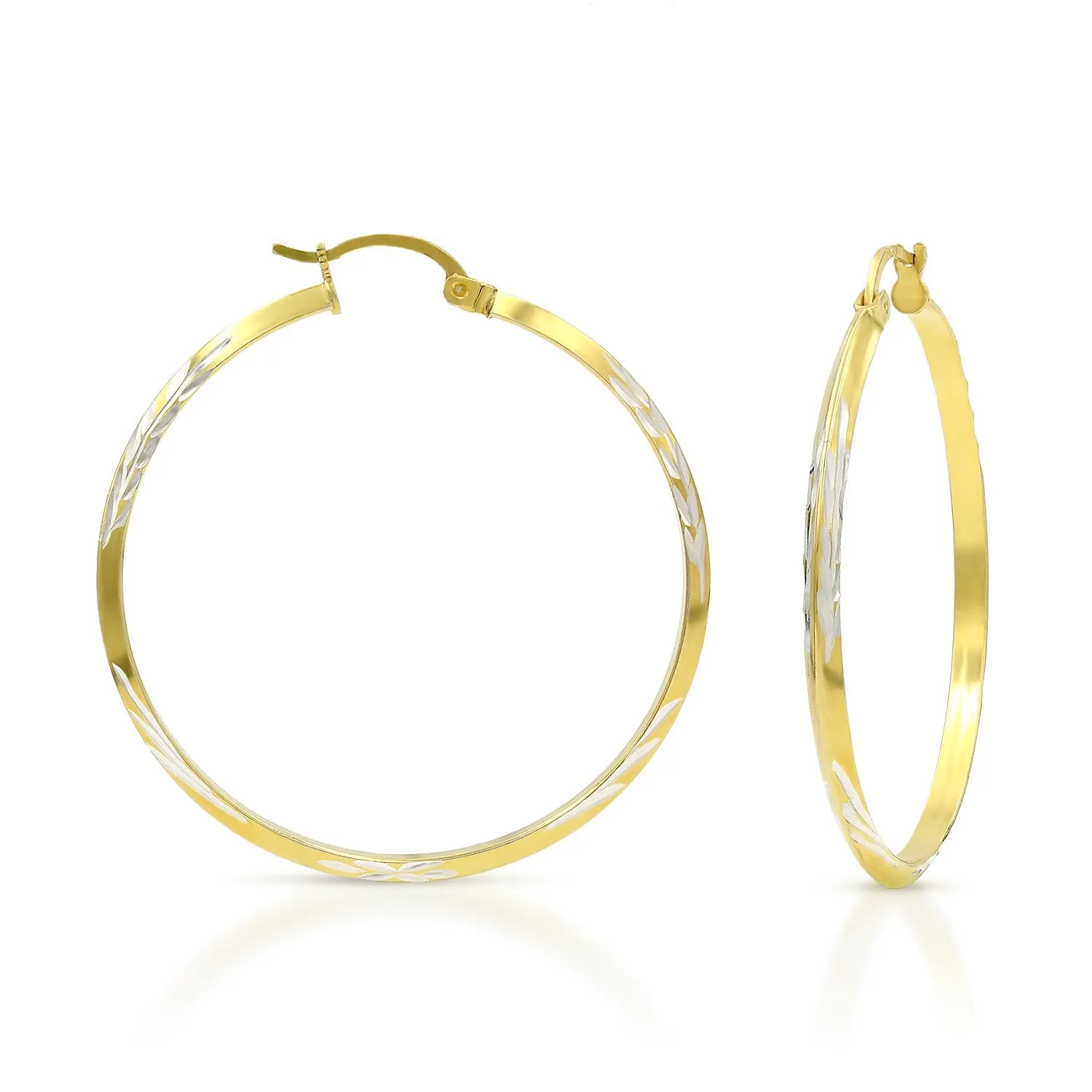 925 Sterling Silver Two-Tone Diamond Cut Hoop Earrings