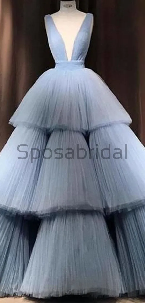 A-line Blue Tulle Deep V-Neck Unique Modest Gorgeous Long Prom Dresses, Ball gown PD1508