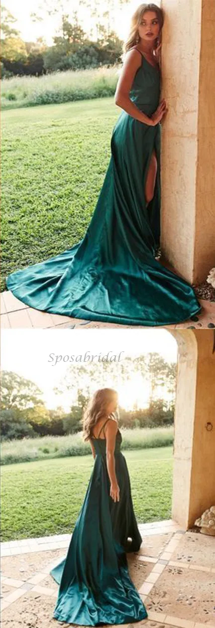 A-line Cheap Dark Green Side Slit Spaghetti Straps Simple Long Prom Dresses PD1512