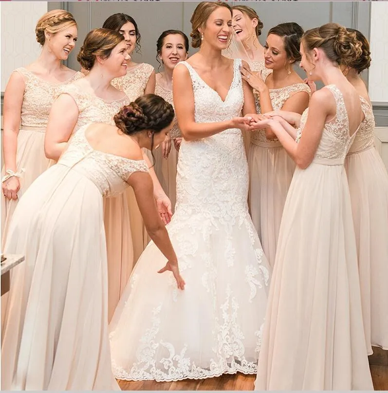 A-Line Chiffon Cheap Top Lace V-Back Scoop Long Peach Modest Unique Newest Bridesmaid Dresses , WG262