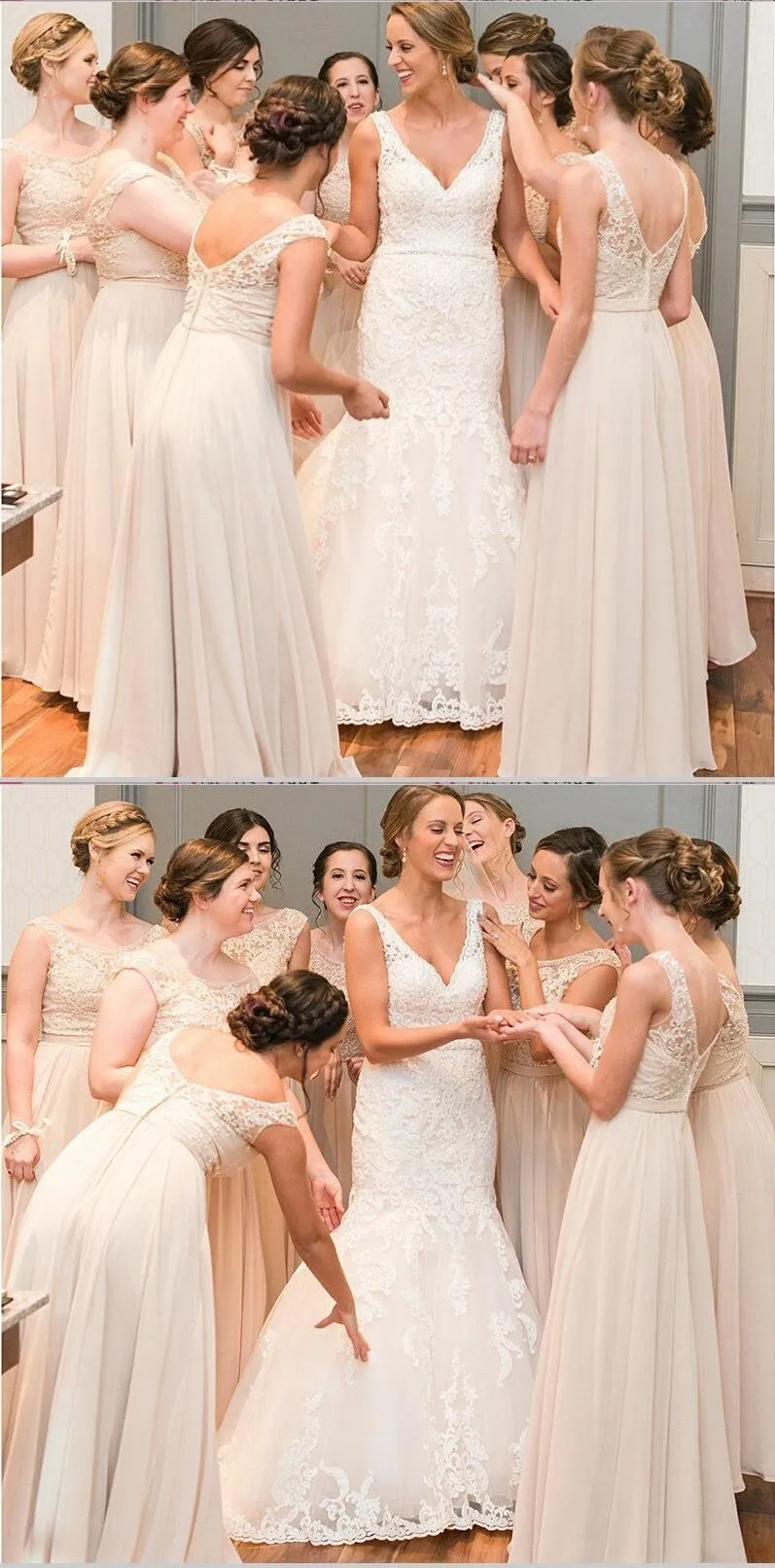 A-Line Chiffon Cheap Top Lace V-Back Scoop Long Peach Modest Unique Newest Bridesmaid Dresses , WG262