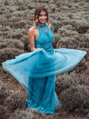 A Line Halter Neck Tulle Appliqued Floor Length Backless Prom Dress PD1037