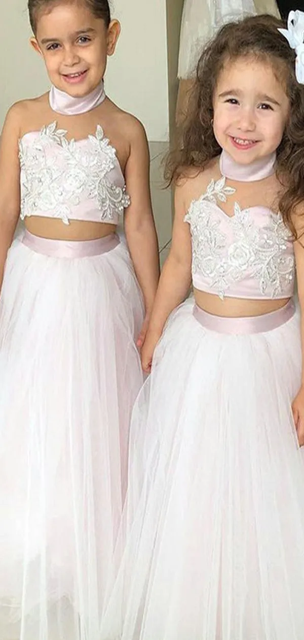 A-line Halter Two Pieces Tulle Unique Flower Girl Dresses, FG145