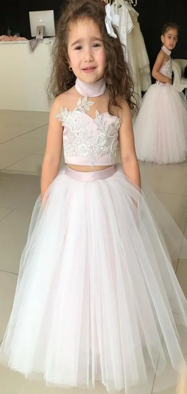 A-line Halter Two Pieces Tulle Unique Flower Girl Dresses, FG145