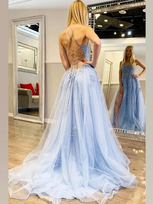 A-line Ice Blue Lace Spaghetti Straps Side-slit Prom Dresses, PD2127