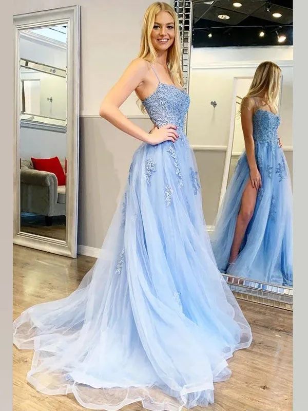 A-line Ice Blue Lace Spaghetti Straps Side-slit Prom Dresses, PD2127