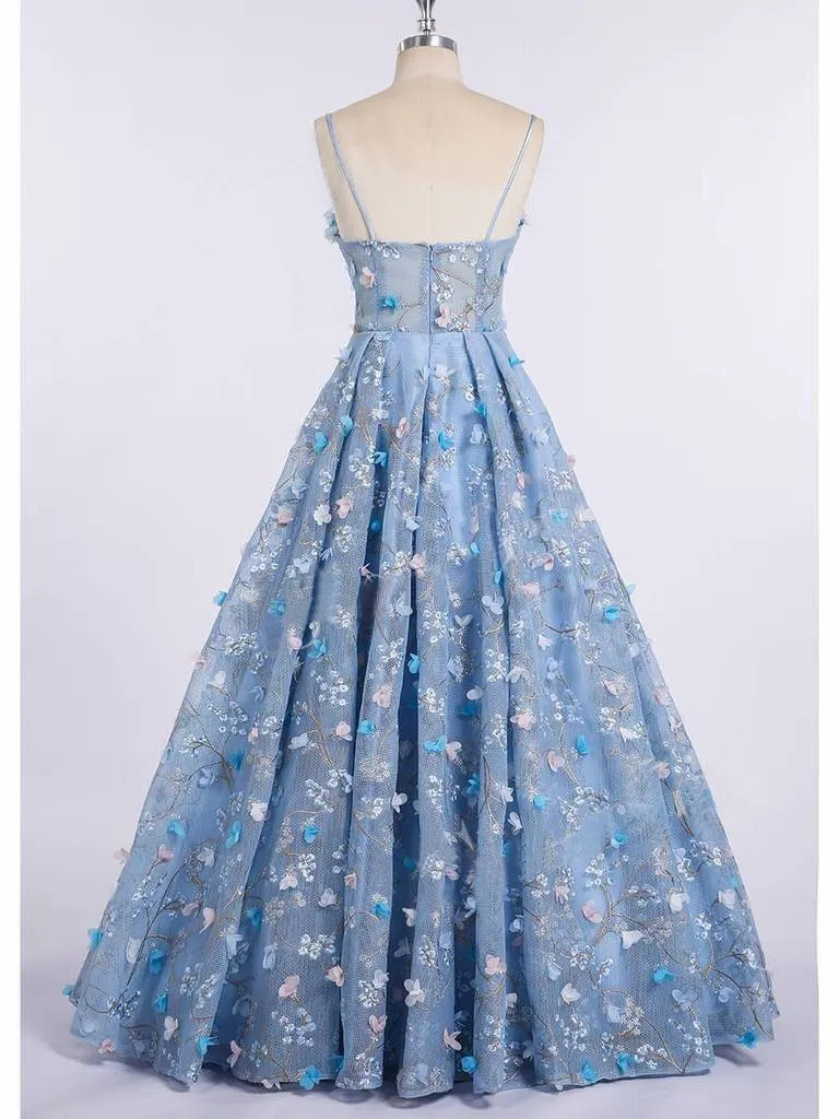 A Line Lace Spaghetti Straps Long Light Blue Prom Dresses OKE42