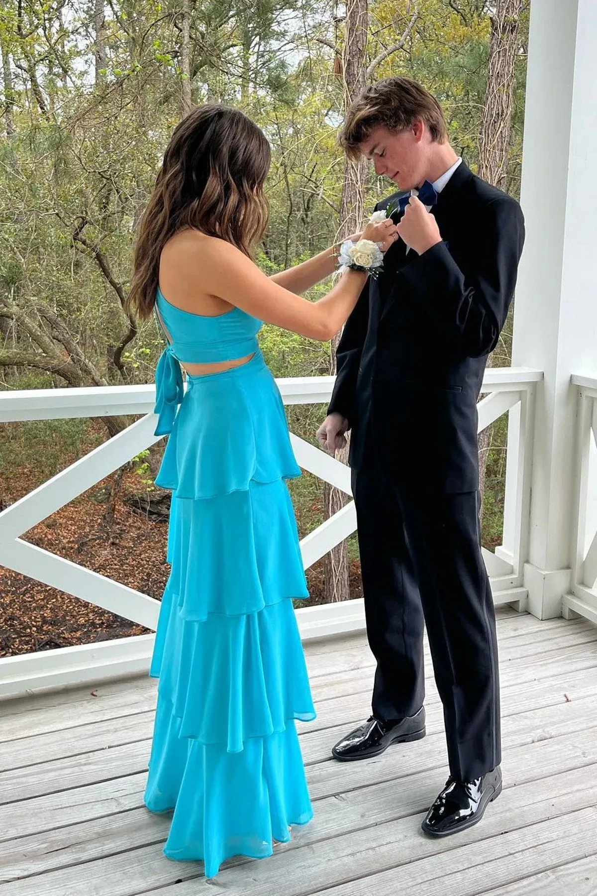 A-line Light Blue Chiffon V-neckline Floor Length Party Dress, Chiffon Long Prom Dress