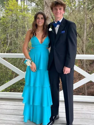 A-line Light Blue Chiffon V-neckline Floor Length Party Dress, Chiffon Long Prom Dress