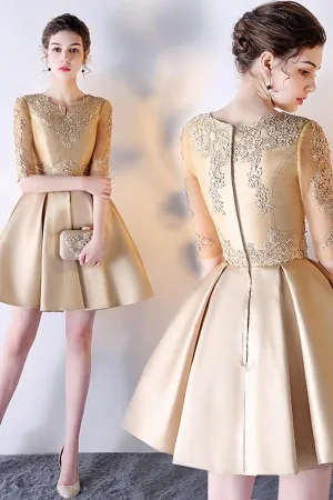 A-Line Solid Color Half Sleeve Homecoming Dresses Short Prom Dress With Appliques OK383