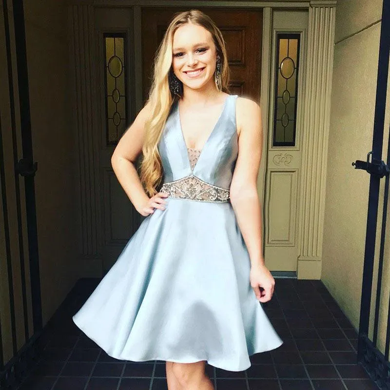 A-Line V-neck Light Blue Satin Homecoming Dress with Beading HD0022