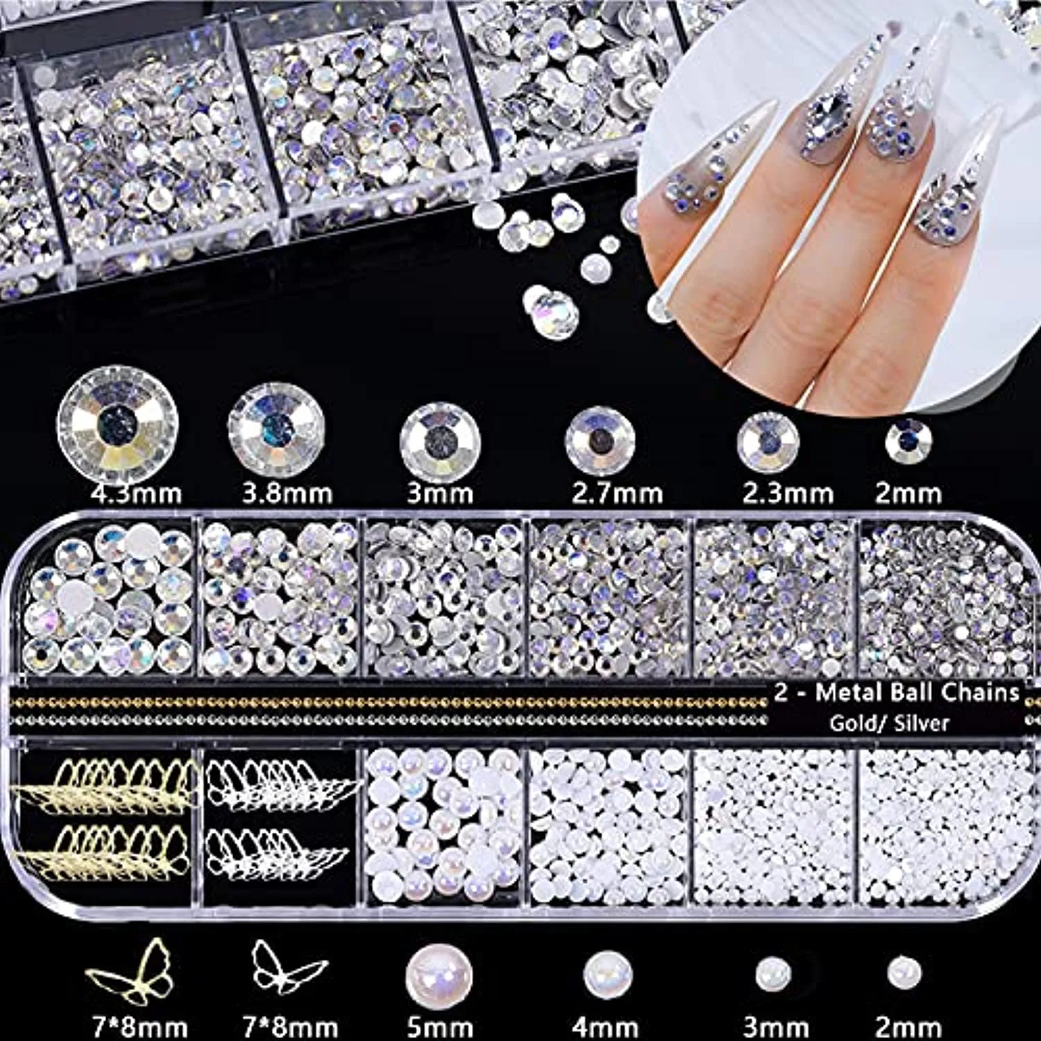 Acrylic Butterfly Flower Bear Nail Art Pendant Nail Art, Multi-shape Pearl Rhinestone Golden Metal Nail Art, Nail Art Pendant Applique Jewelry Accessories Production (S1-Bow Flower Rhinestones)