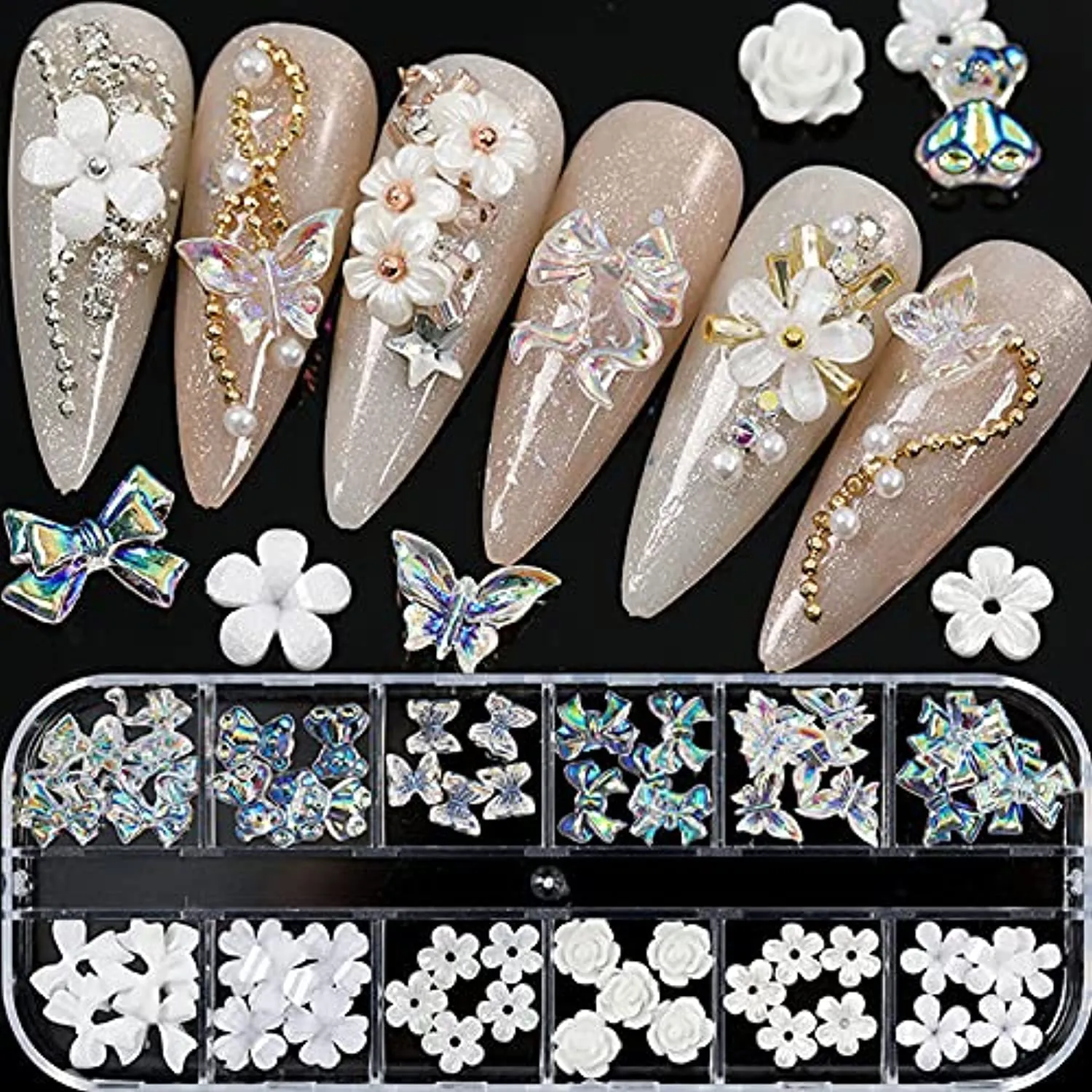 Acrylic Butterfly Flower Bear Nail Art Pendant Nail Art, Multi-shape Pearl Rhinestone Golden Metal Nail Art, Nail Art Pendant Applique Jewelry Accessories Production (S1-Bow Flower Rhinestones)