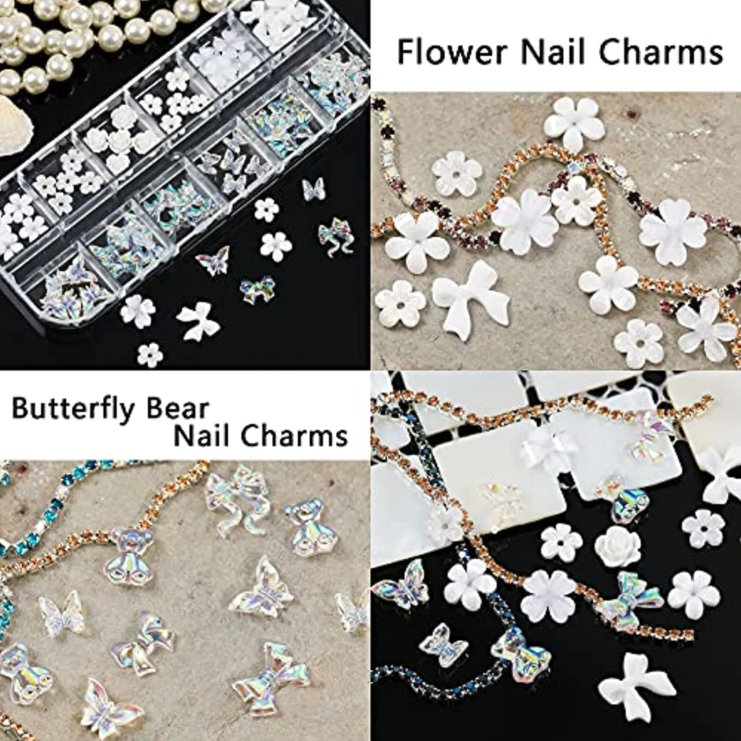 Acrylic Butterfly Flower Bear Nail Art Pendant Nail Art, Multi-shape Pearl Rhinestone Golden Metal Nail Art, Nail Art Pendant Applique Jewelry Accessories Production (S1-Bow Flower Rhinestones)