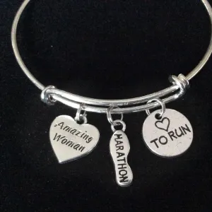 Amazing Woman Love to Run Marathon Shoe Silver Charm Bracelet Adjustable Expandable Wire Bangle Trendy