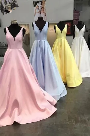 Anneprom Simple V Neck Straps Long Unique Yellow Satin Prom Dresses APP0422