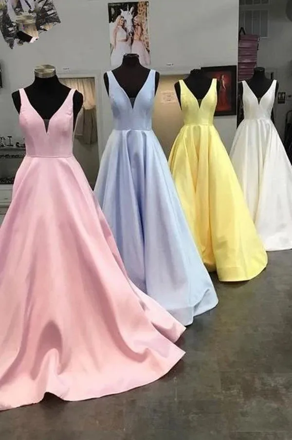 Anneprom Simple V Neck Straps Long Unique Yellow Satin Prom Dresses APP0422