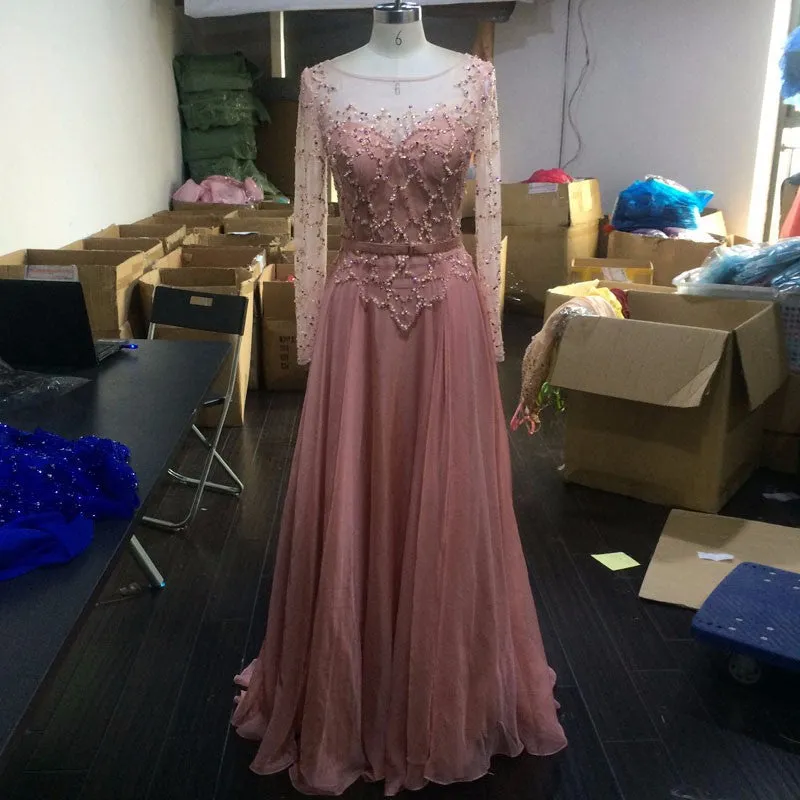 Beading Pink Prom Dresses,A-Line Prom Dress,Evening Dress