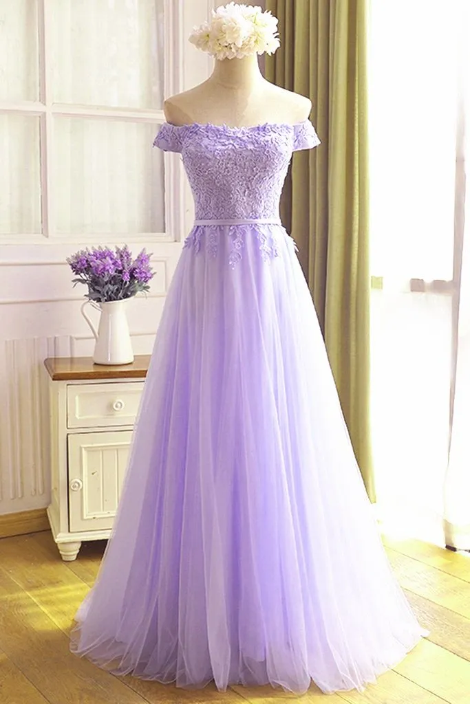 Beautiful Lavender Tulle Off Shoulder Party Dress, Light Purple Bridesmaid Dress